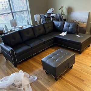 Ainehome Living Room Sectional Set, Leather Sectional Sofa in Home, with Storage Ottoman and Matching Pillows (Right Hand Facing,Black)