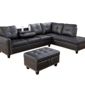 Ainehome Living Room Sectional Set, Leather Sectional Sofa in Home, with Storage Ottoman and Matching Pillows (Right Hand Facing,Black)