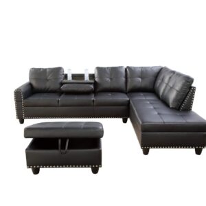 Ainehome Living Room Sectional Set, Leather Sectional Sofa in Home, with Storage Ottoman and Matching Pillows (Right Hand Facing,Black)