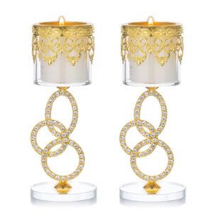 sziqiqi candlestick holders for votive tea light candles crystal and glass candleholder set of 2 for home room entryway shelf decor wedding centerpiece decor, coned candle cup, gold, 6.9in tall
