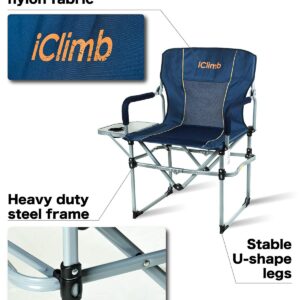 iClimb Heavy Duty Compact Camping Folding Mesh Chair with Side Table and Handle (Navy)