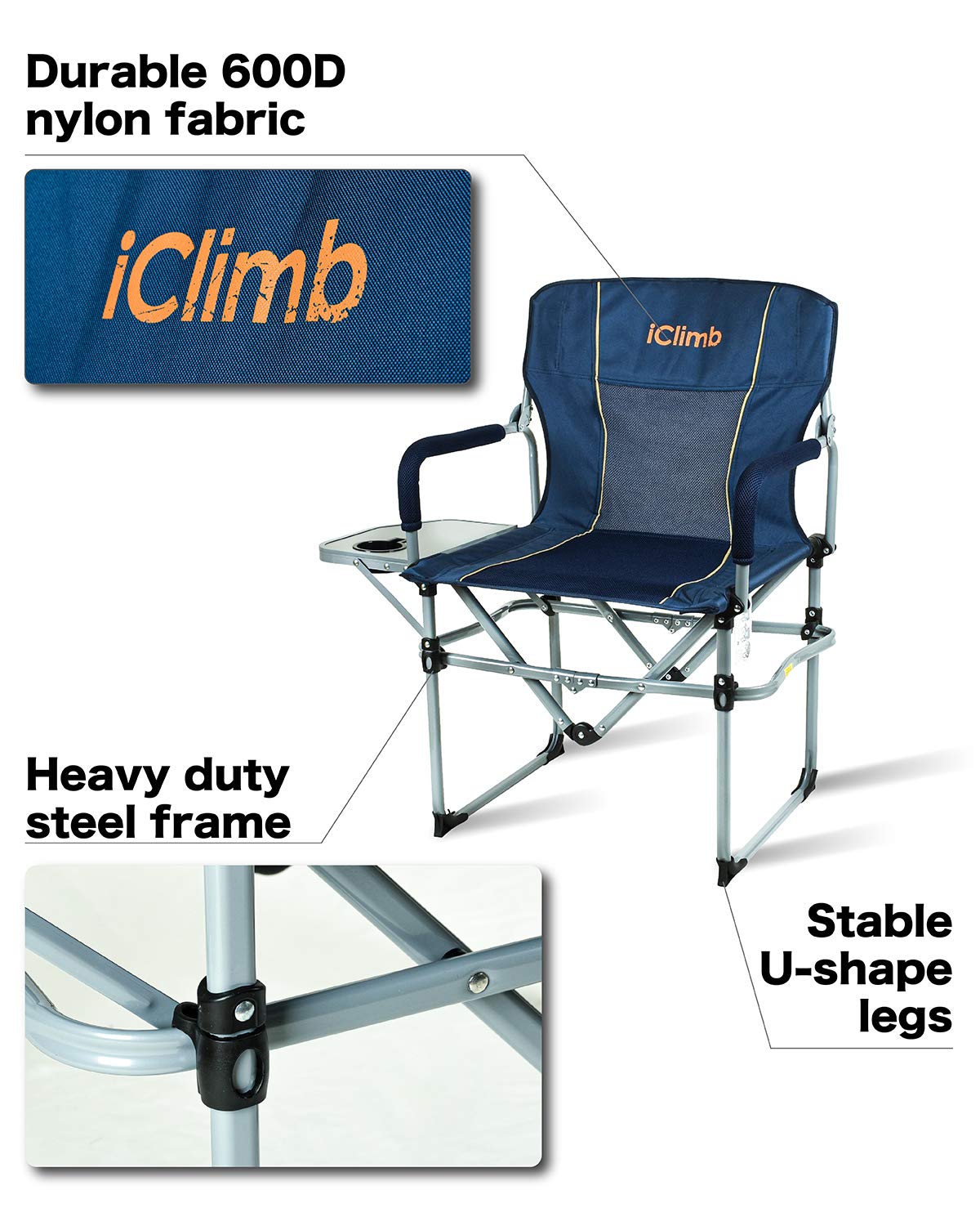 iClimb Heavy Duty Compact Camping Folding Mesh Chair with Side Table and Handle (Navy)