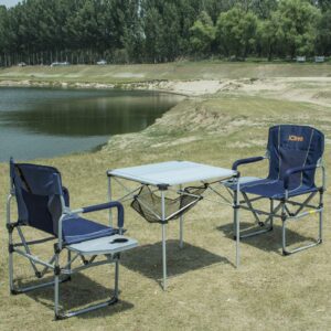 iClimb Heavy Duty Compact Camping Folding Mesh Chair with Side Table and Handle (Navy)