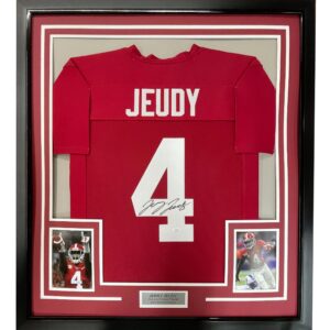 framed autographed/signed jerry jeudy 33x42 alabama red college football jersey jsa coa
