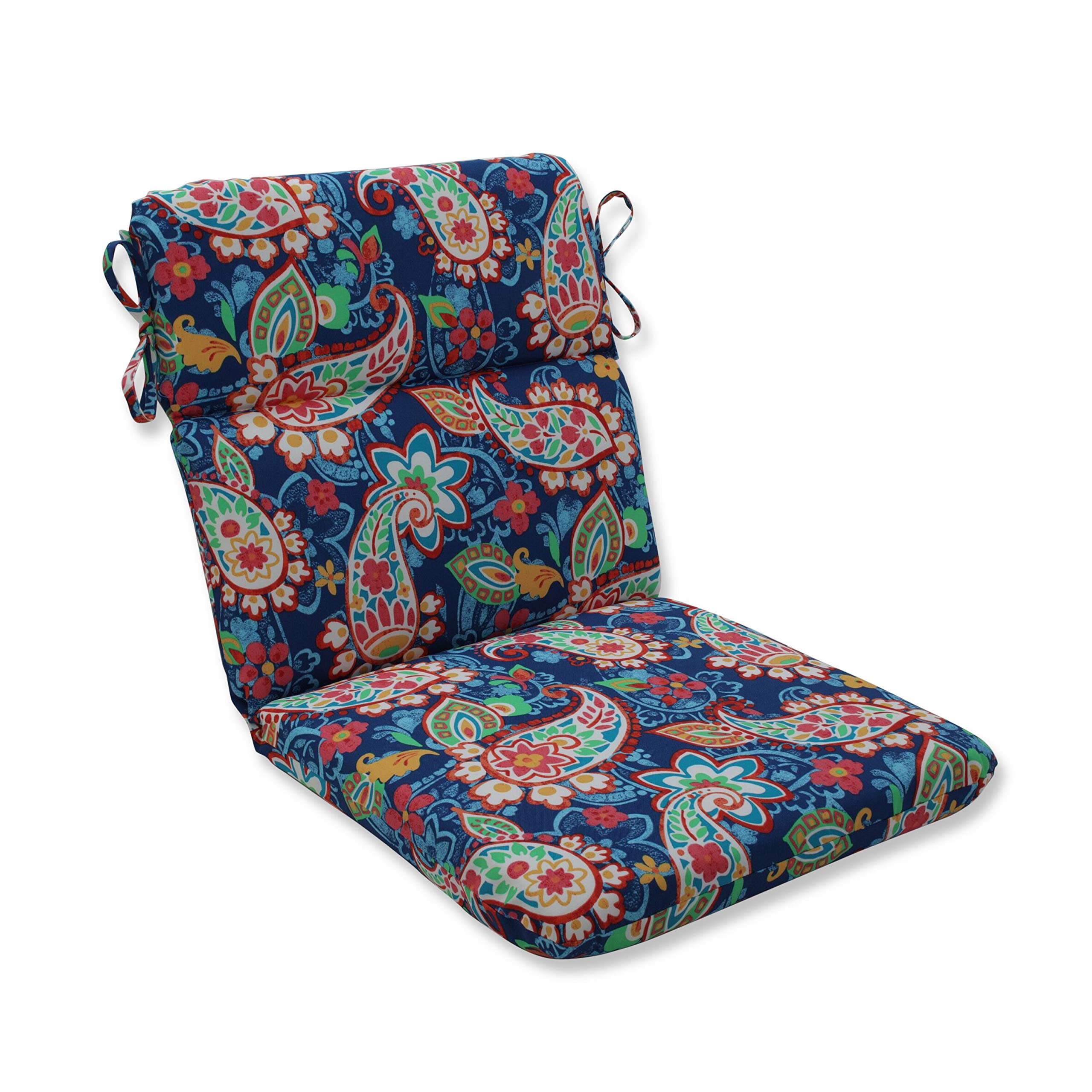 Pillow Perfect Paisley Indoor/Outdoor 1 Piece Split Back Round Corner Chair Seat Cushion with Ties, Deep Seat, Weather, and Fade Resistant, 40.5" x 21", Blue/Green Party,