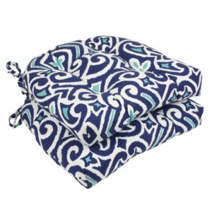 pillow perfect damask indoor/outdoor chairpad with ties, reversible, tufted, weather, and fade resistant, 15.5" x 16", blue/white new damask, 2 count