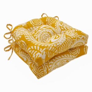 pillow perfect paisley indoor/outdoor chairpad with ties, reversible, tufted, weather, and fade resistant, 15.5" x 16", yellow/ivory addie, 2 count