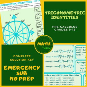 trigonometric identities pre-calculus worksheet + cheat sheet reference sheets homeschool emergency substitute minimal prep