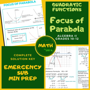 focus of parabola algebra 2 quadratic functions lesson + worksheet + full answer key homeschool emergency substitute minimum prep