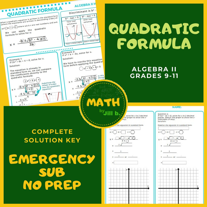 Quadratic Formula Lesson Handout Algebra 2 Worksheet Full Answer Keys Emergency Substitute Teacher Minimum Prep