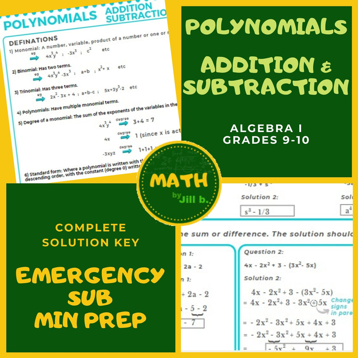 Polynomials Introduction, Addition, Subtraction Lesson + Worksheet + Full Answer Key Algebra 1 Homeschool Minimum Prep Emergency Substitute