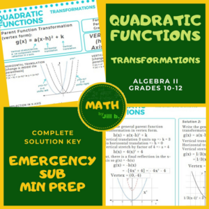 quadratic functions transformations algebra 2 lesson + worksheet + full answer key home school minimum prep emergency substitute