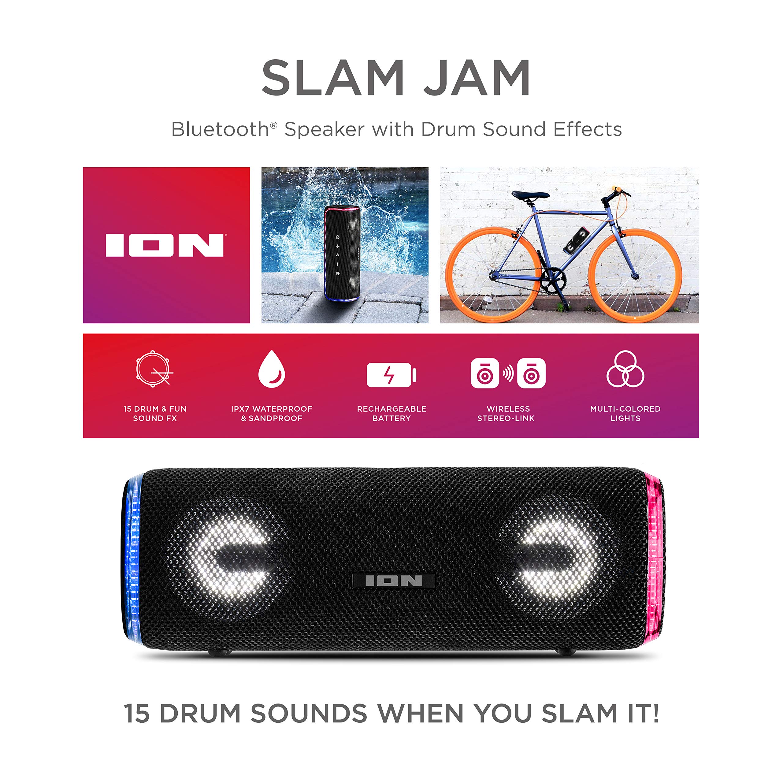 ION Audio Slam Jam-IPX7 Waterproof Bluetooth Speaker with Microphone, Rechargeable Battery, 15 Drum Sounds, Aux Input and USB Charge Port