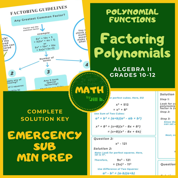 Factoring Polynomial Functions Algebra 2 Lesson + Polynomials Worksheet + Full Answer Key Homeschool/Emergency Sub Minimal Prep