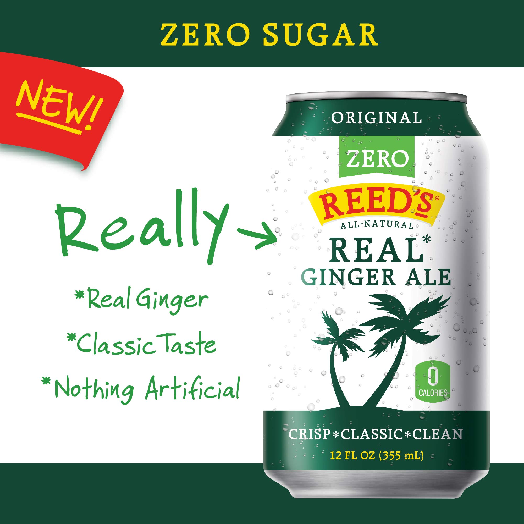 Reed's Zero Sugar Real Ginger Ale, All-Natural Classic Ginger Ale Made with Real Ginger (8pk,12oz can)