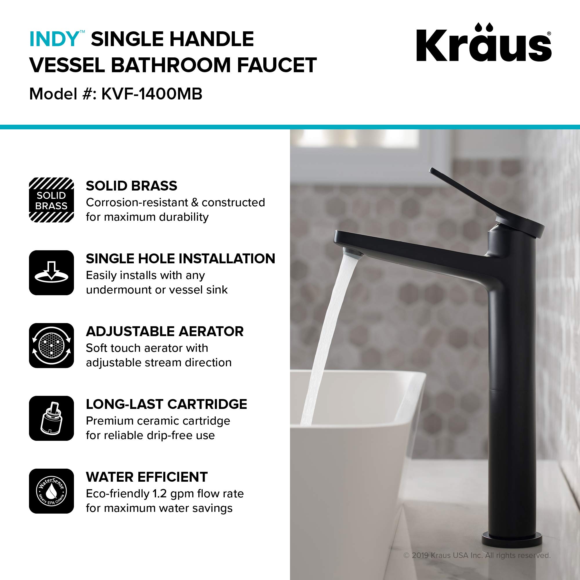 Kraus KVF-1400MB-PU-10MB Indy Single Handle Vessel Bathroom Faucet and Pop Up Drain, Matte Black