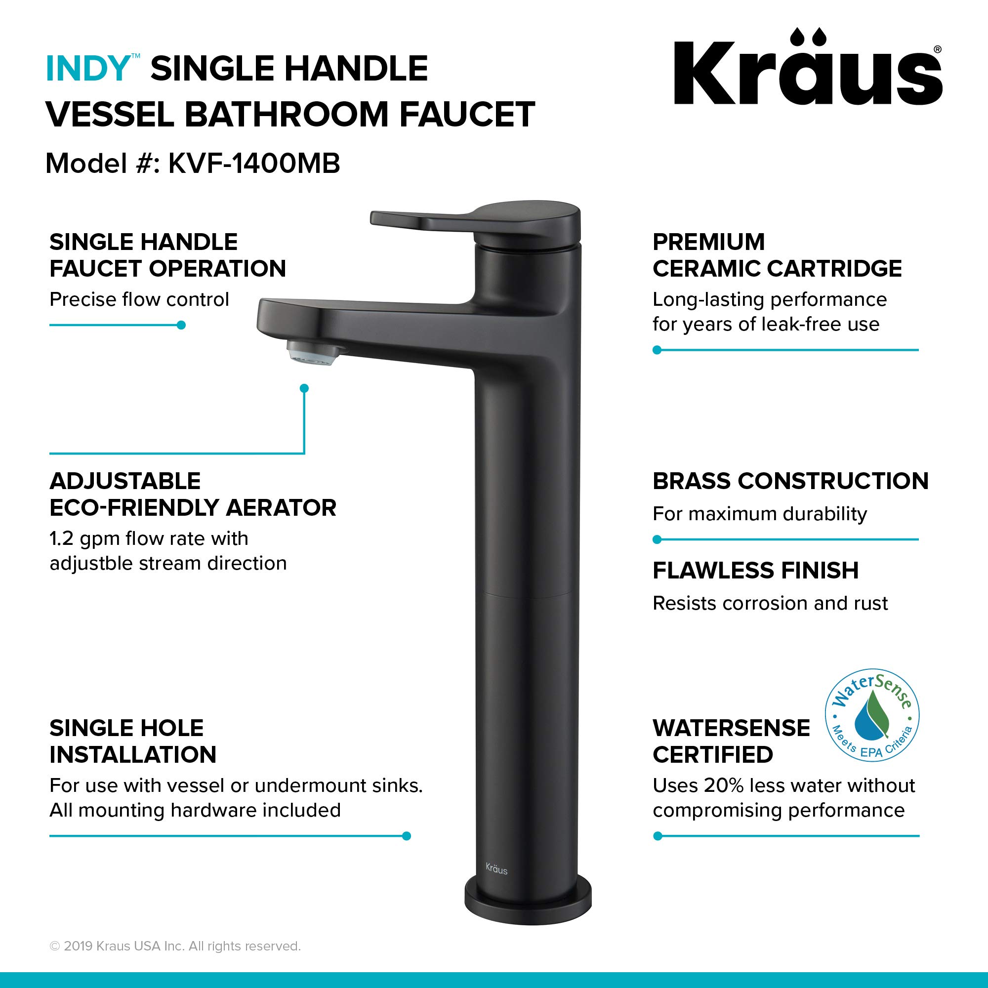 Kraus KVF-1400MB-PU-10MB Indy Single Handle Vessel Bathroom Faucet and Pop Up Drain, Matte Black