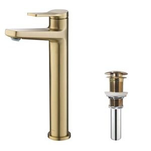 kraus indy single handle vessel bathroom faucet and pop up drain in brushed gold, kvf-1400bg-pu-10bg