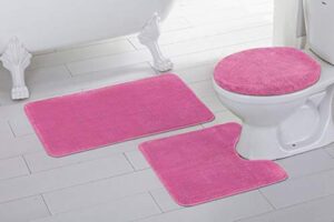 better home style 3 piece bathroom rug set bath rug, contour mat, & lid cover non-slip with rubber backing solid color (hot pink)