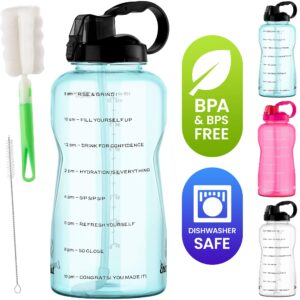 energybud 1 gallon water bottle with removable straw and handle dishwasher-safe bps & bpa & dehp free +2 cleaning brushes big/large water bottle with time markers wide mouth leakproof 128 oz jug(blue)