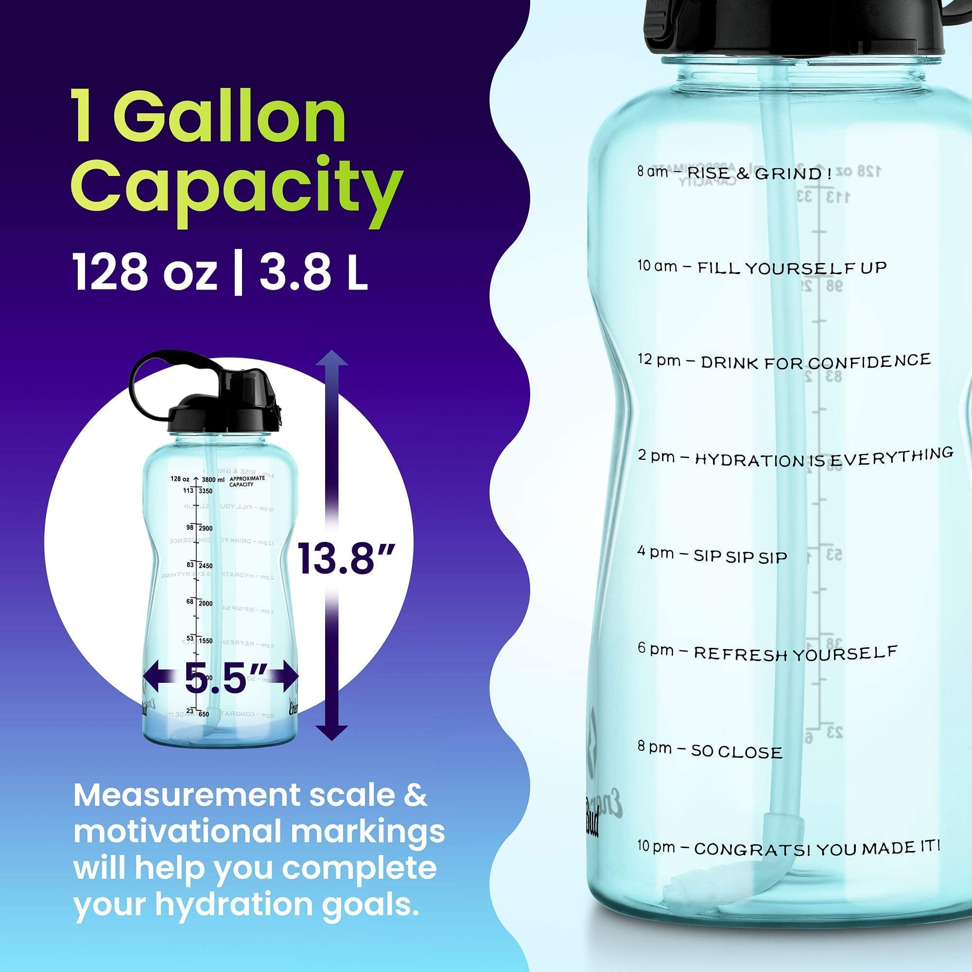 EnergyBud 1 Gallon Water Bottle With Removable Straw And Handle Dishwasher-Safe BPS & BPA & DEHP Free +2 Cleaning Brushes Big/Large Water Bottle With Time Markers Wide Mouth Leakproof 128 oz Jug(Blue)