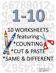 counting 1 - 10 worksheets featuring *cut and paste * number recognition *same and different