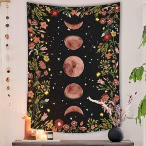 rexful moonlit garden tapestry, moon phase surrounded by plants and flowers black wall hanging blanket 44×60 inch