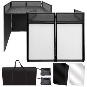 axcessables portable dj facade booth with black and white lighting scrims, carry cases | standing dj table - 40" x 20" | dj controller stand | recording mixer stand| dj booth (es-01)