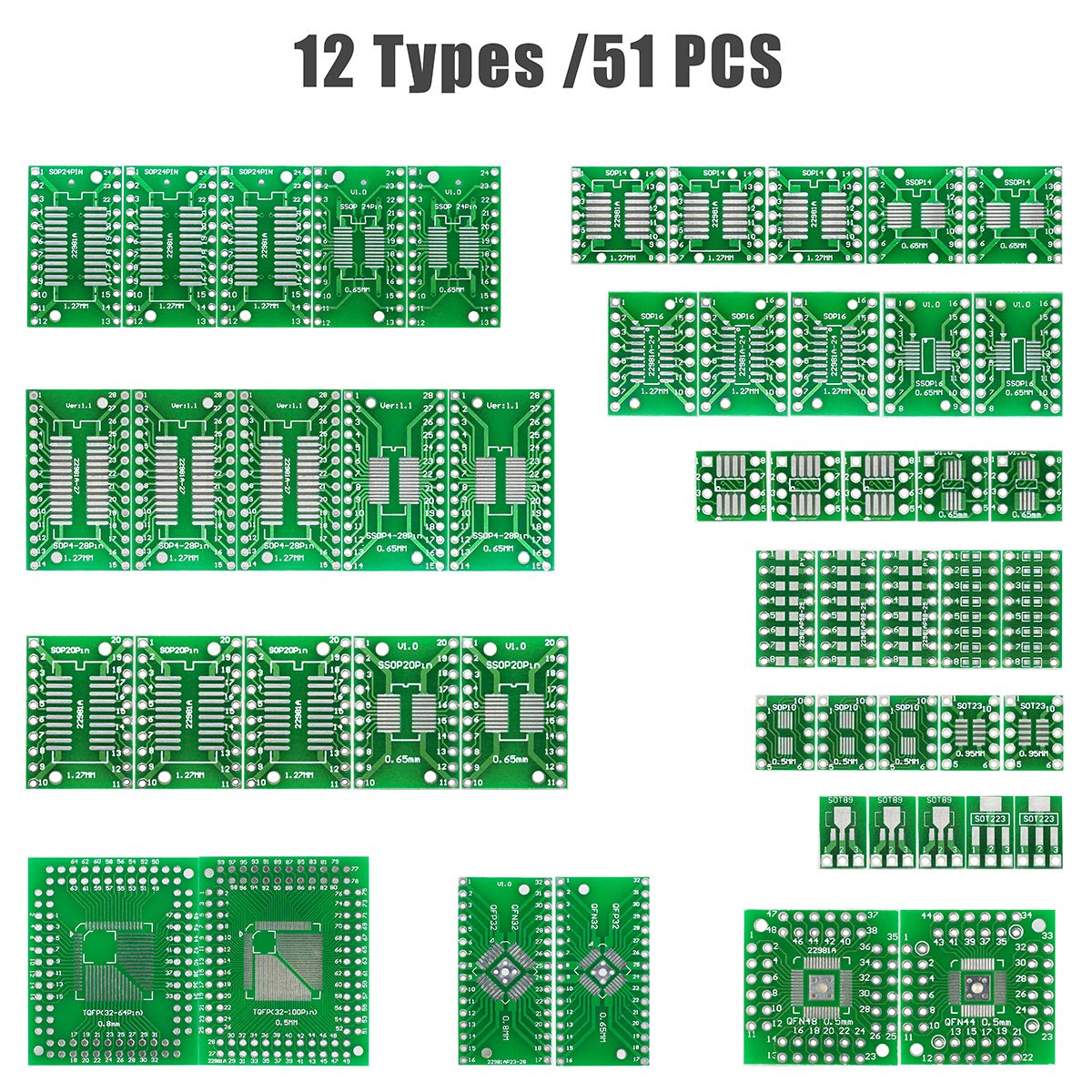 KeeYees 12 Types SMD to DIP Adapter PCB Proto Board Kit SOP8 SOP10 SOP14 SOP16 SOP20 SOP24 SOP28 0402/0603/0805 SMT SOT89/SOT223 TQFP100 QFN32 QFN44/48 with 40pcs 2.54mm Pin Header