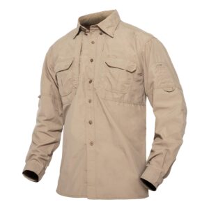 tacvasen men's tactical quick dry long sleeve shirts sun protection breathable shirts khaki, m