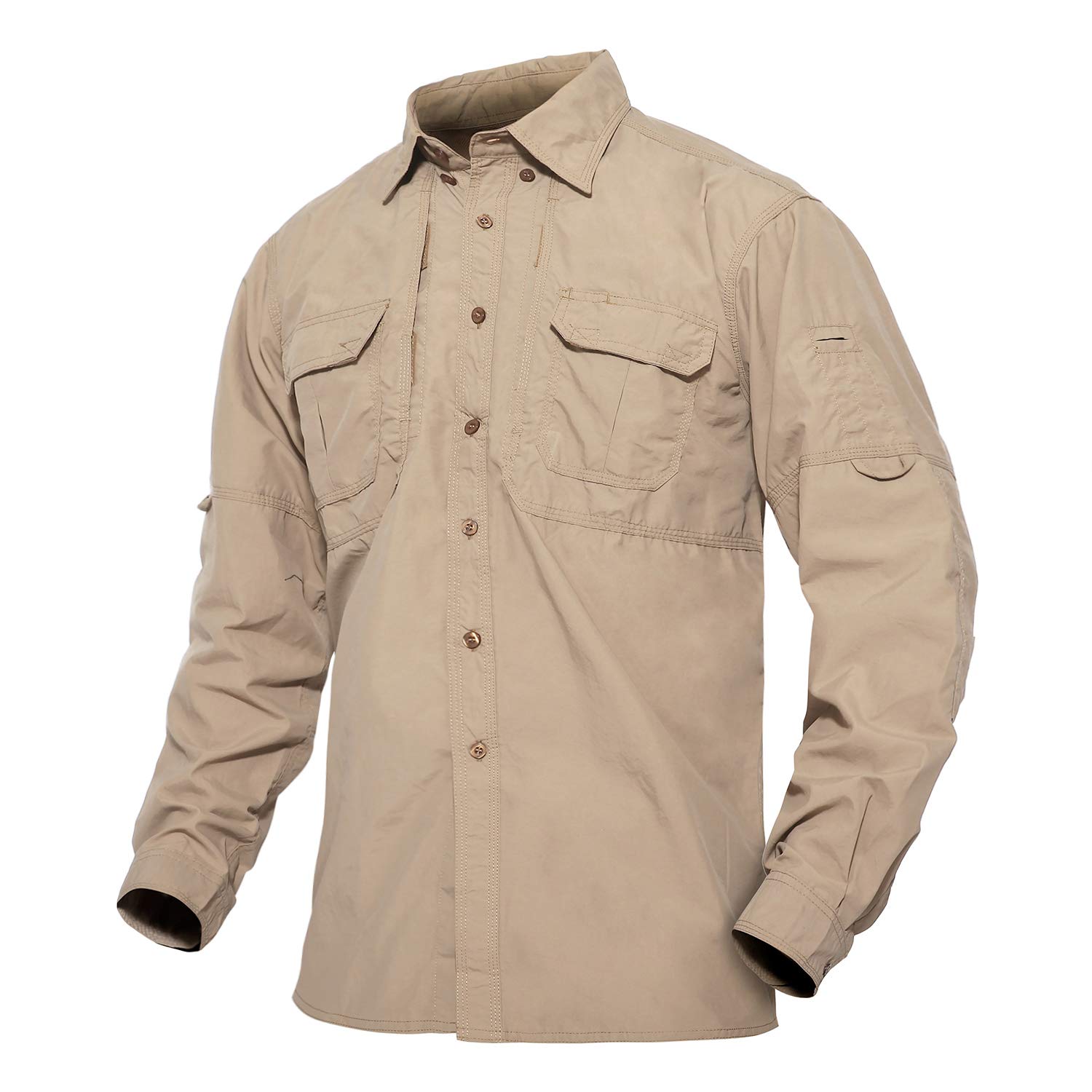 TACVASEN Men's Tactical Quick Dry Long Sleeve Shirts Sun Protection Breathable Shirts Khaki, M