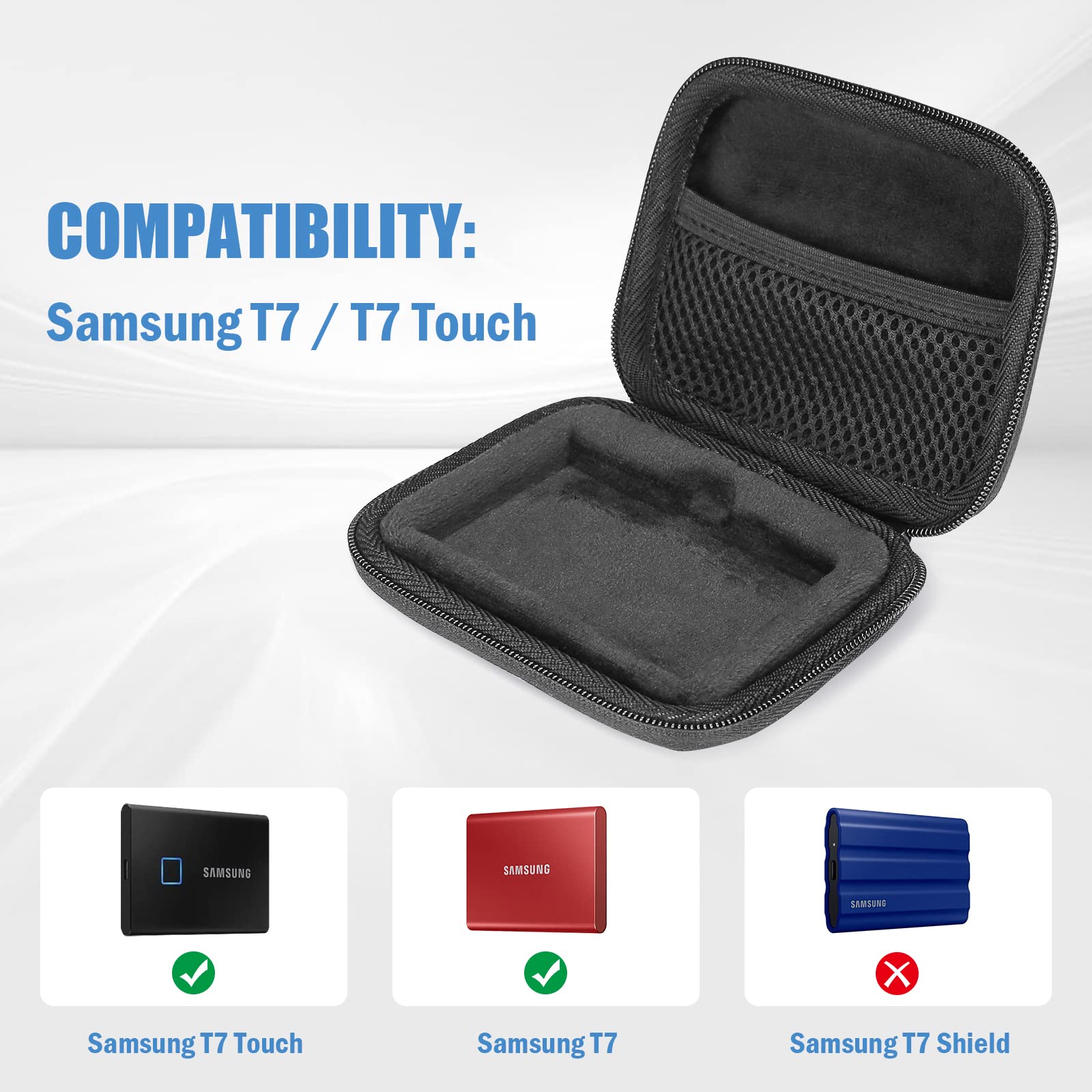 ProCase Hard Carrying Case Compatible for Samsung T7/ T7 Touch Portable SSD with 2 Cable Ties, Shockproof Travel Organizer for T7/ T7 Touch 500GB 1TB 2TB USB 3.2 External Solid State Drives -Black