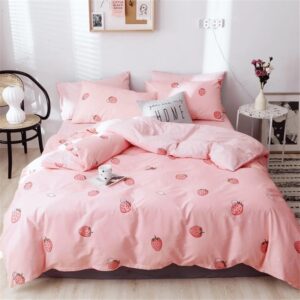 vm vougemarket pink strawberry duvet cover queen cute teen girls kawaii fruit bedding set with zipper,reversible stripes duvet cover set no filling