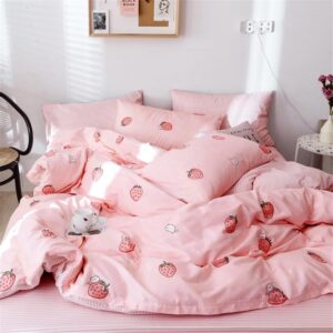 VM VOUGEMARKET Pink Strawberry Duvet Cover Queen Cute Teen Girls Kawaii Fruit Bedding Set with Zipper,Reversible Stripes Duvet Cover Set no Filling