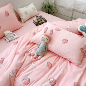 VM VOUGEMARKET Pink Strawberry Duvet Cover Queen Cute Teen Girls Kawaii Fruit Bedding Set with Zipper,Reversible Stripes Duvet Cover Set no Filling