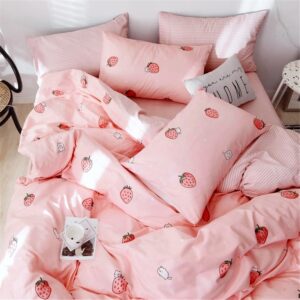 VM VOUGEMARKET Pink Strawberry Duvet Cover Queen Cute Teen Girls Kawaii Fruit Bedding Set with Zipper,Reversible Stripes Duvet Cover Set no Filling