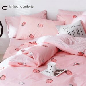 VM VOUGEMARKET Pink Strawberry Duvet Cover Queen Cute Teen Girls Kawaii Fruit Bedding Set with Zipper,Reversible Stripes Duvet Cover Set no Filling