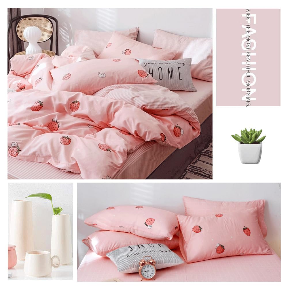 VM VOUGEMARKET Pink Strawberry Duvet Cover Queen Cute Teen Girls Kawaii Fruit Bedding Set with Zipper,Reversible Stripes Duvet Cover Set no Filling