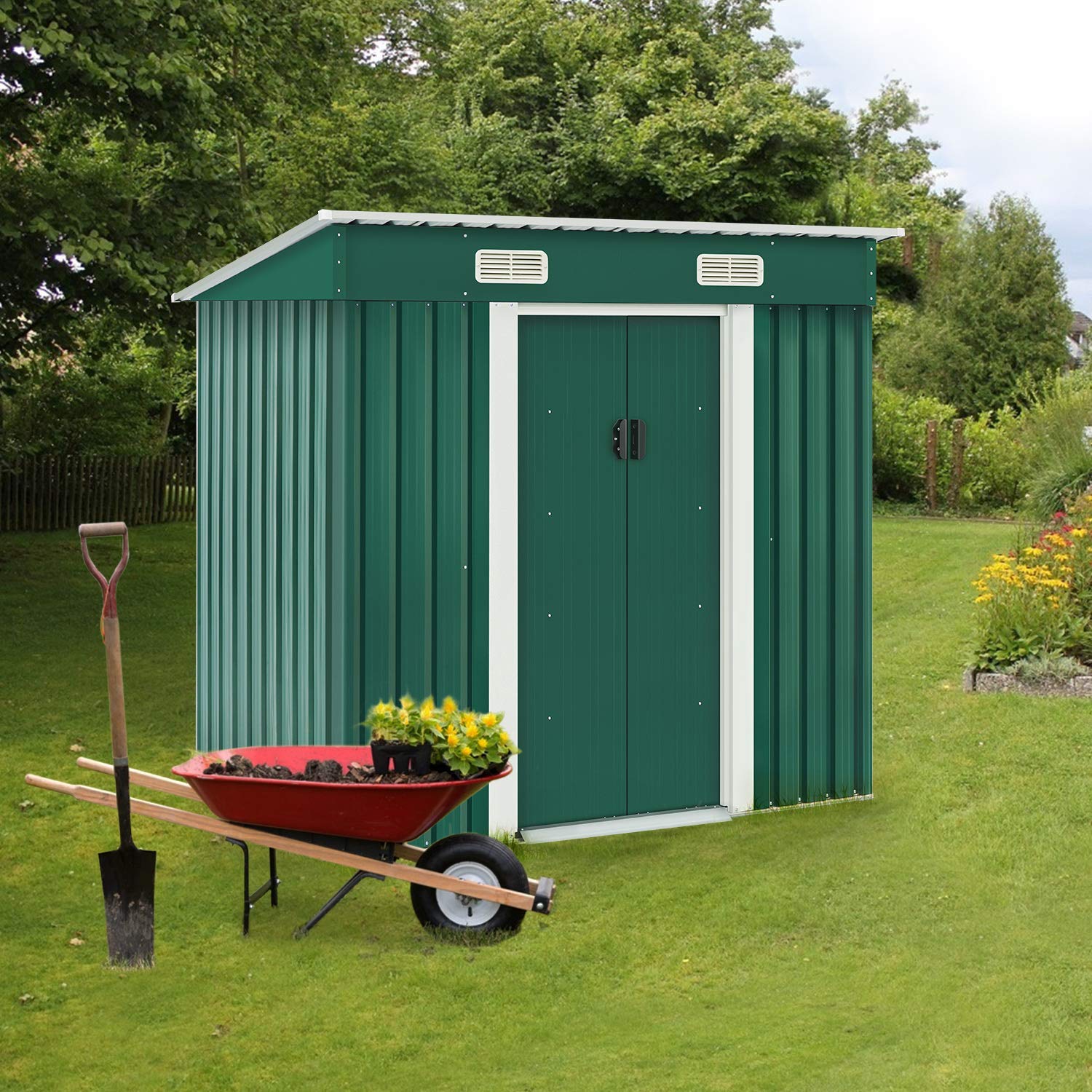 BonusAll Storage Shed Tool House 6x4 FT Outdoor Garden Steel Shed with Sliding Door(Green)