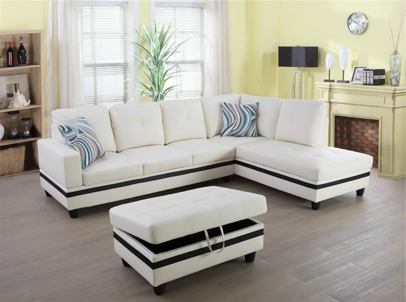 Ainehome Furniture Sectional Sofa Set, Living Room Sofa Set, Leather Sectional Sofa, Black & Ivory White Sofa Set (Right Hand Facing,#3)