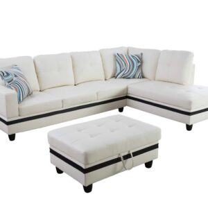 Ainehome Furniture Sectional Sofa Set, Living Room Sofa Set, Leather Sectional Sofa, Black & Ivory White Sofa Set (Right Hand Facing,#3)