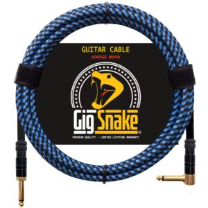 guitar cable 10 ft - 1/4 inch right angle blue instrument cable - professional quality electric guitar cord and amp cable - low noise bass and guitar lead - reliable cords for a clean clear tone