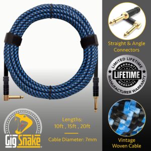 Guitar Cable 10 ft - 1/4 Inch Right Angle Blue Instrument Cable - Professional Quality Electric Guitar Cord and Amp Cable - Low Noise Bass and Guitar Lead - Reliable Cords for a Clean Clear Tone