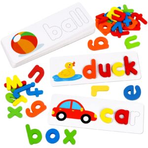 hoonew alphabet learning toys read spelling matching letter games wooden sight word flash cards abc recognition game montessori educational tool set for kids 3 4 5 years old