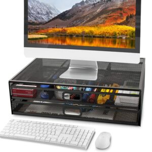 monitor stand riser with dual pull out storage drawer - metal mesh desk organizer with drawer, drawer, office supply for computer, pc, laptop, printer, notebook, imac