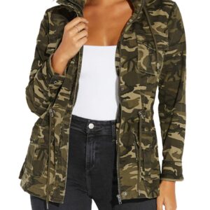 SheKiss Women Lightweight Camouflage Warm Winter Safari Jackets Long Sleeve Zipper Casual Canvas Overcoat Hunting Hoodie