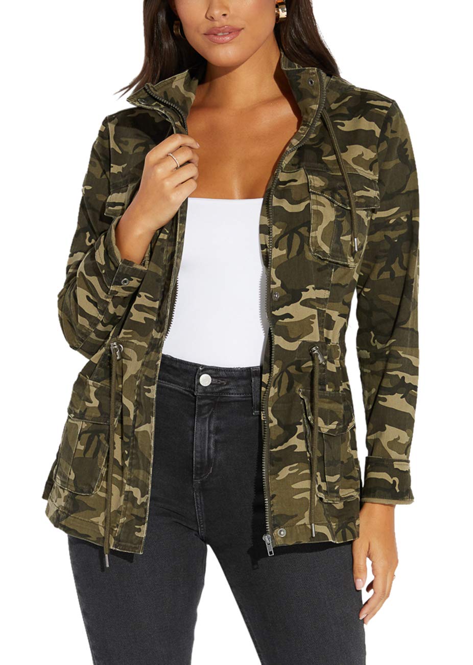 SheKiss Women Lightweight Camouflage Warm Winter Safari Jackets Long Sleeve Zipper Casual Canvas Overcoat Hunting Hoodie