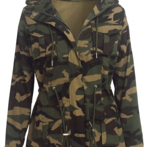 SheKiss Women Lightweight Camouflage Warm Winter Safari Jackets Long Sleeve Zipper Casual Canvas Overcoat Hunting Hoodie