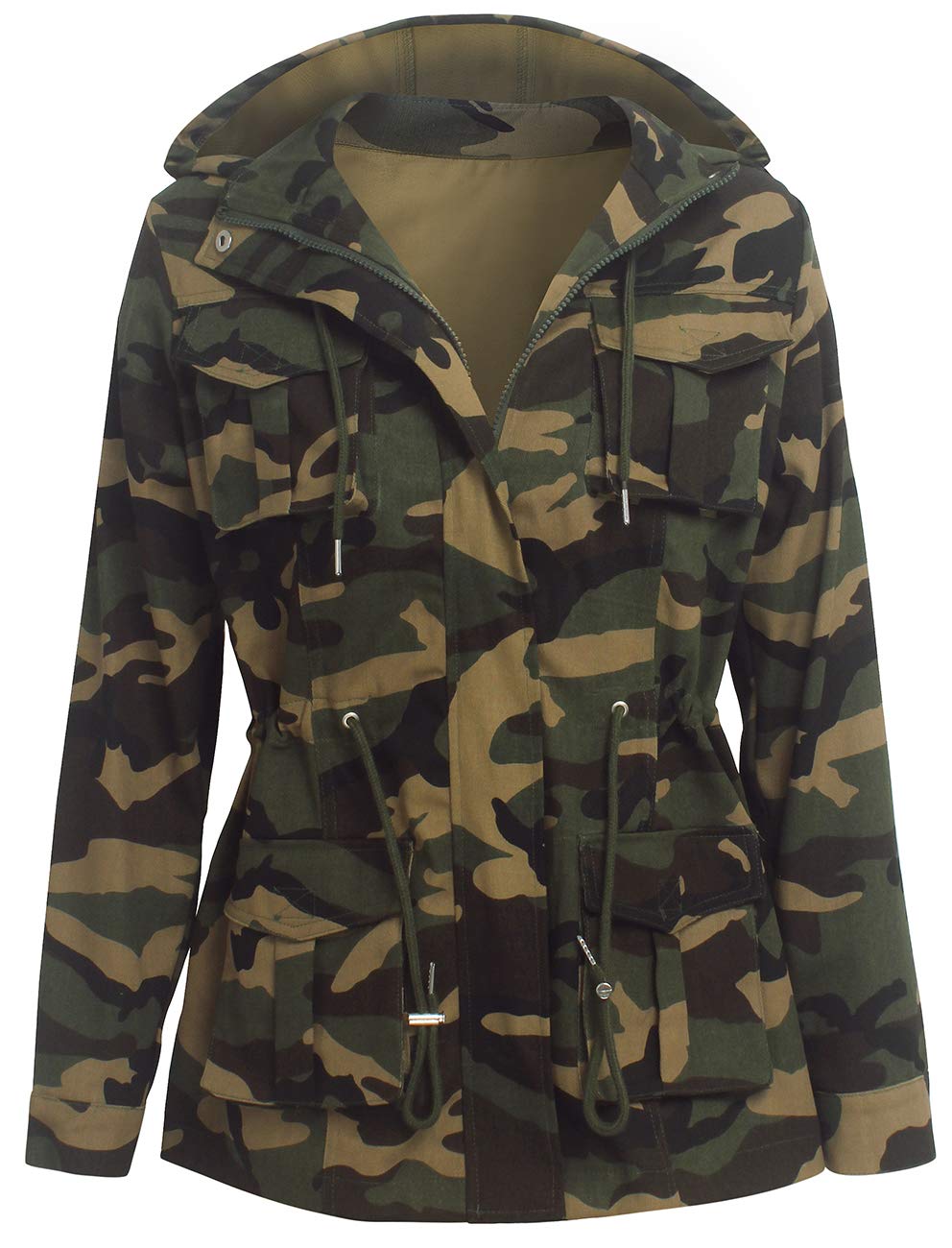 SheKiss Women Lightweight Camouflage Warm Winter Safari Jackets Long Sleeve Zipper Casual Canvas Overcoat Hunting Hoodie