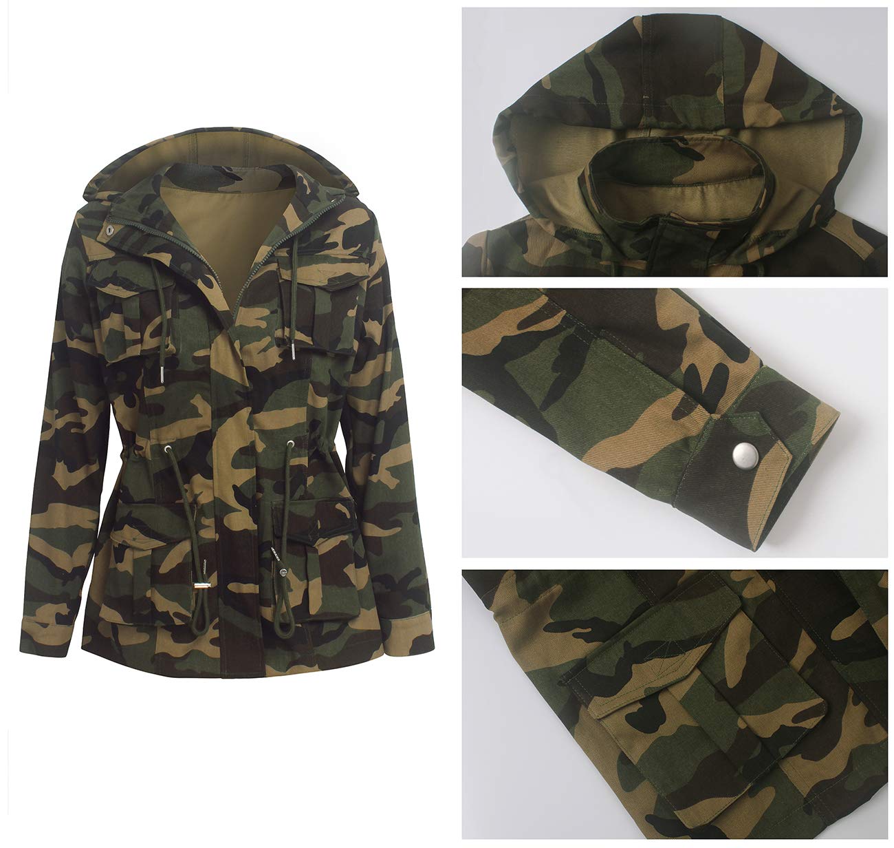 SheKiss Women Lightweight Camouflage Warm Winter Safari Jackets Long Sleeve Zipper Casual Canvas Overcoat Hunting Hoodie